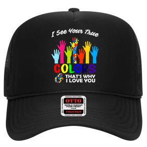 Autism Hand Of Puzzles See Your True Colors High Crown Mesh Back Trucker Hat