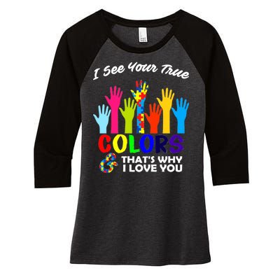 Autism Hand Of Puzzles See Your True Colors Women's Tri-Blend 3/4-Sleeve Raglan Shirt