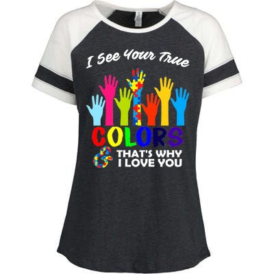 Autism Hand Of Puzzles See Your True Colors Enza Ladies Jersey Colorblock Tee