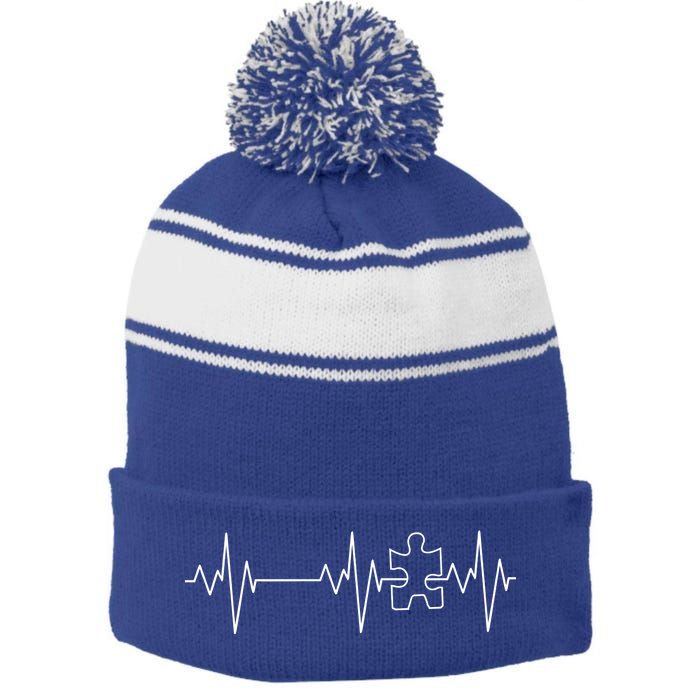 Autism Heartbeat Pulse Puzzle Stripe Pom Pom Beanie