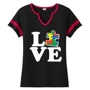 Autism Love Puzzle Piece Ladies Halftime Notch Neck Tee