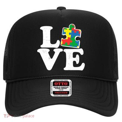 Autism Love Puzzle Piece High Crown Mesh Back Trucker Hat