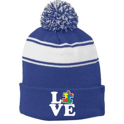 Autism Love Puzzle Piece Stripe Pom Pom Beanie