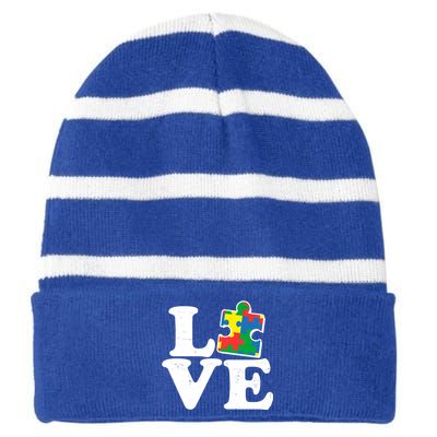 Autism Love Puzzle Piece Striped Beanie with Solid Band