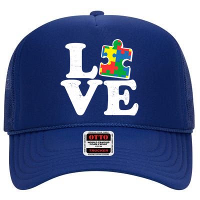 Autism Love Puzzle Piece High Crown Mesh Back Trucker Hat