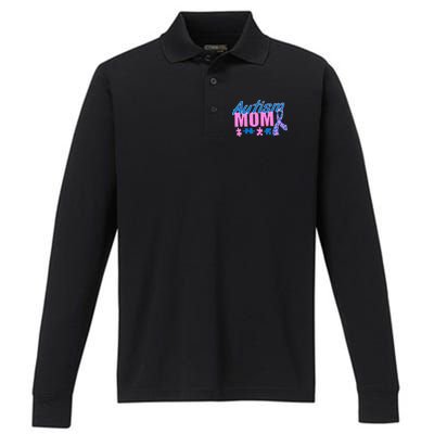 Autism Mom Awareness Ribbon Performance Long Sleeve Polo