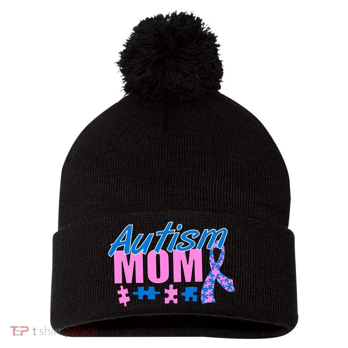 Autism Mom Awareness Ribbon Pom Pom 12in Knit Beanie