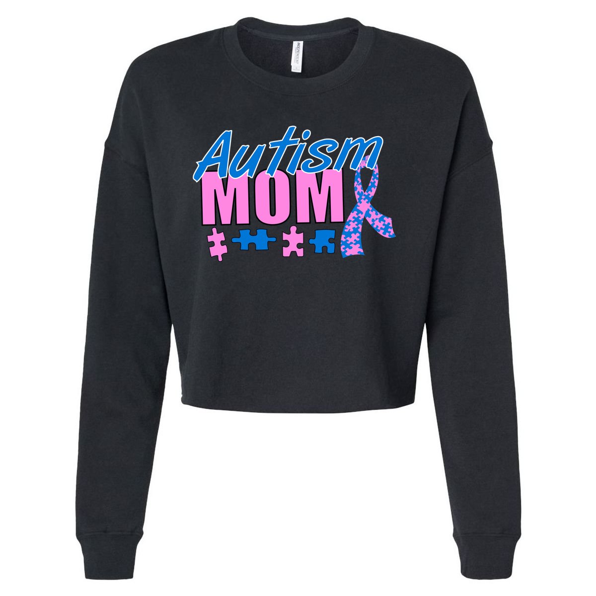 Autism Mom Awareness Ribbon Cropped Pullover Crew