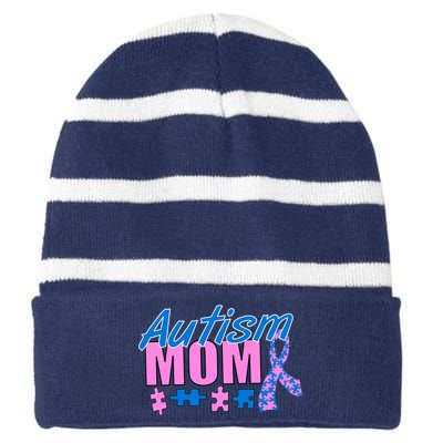 Autism Mom Awareness Ribbon Striped Beanie with Solid Band