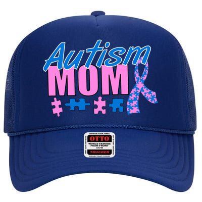 Autism Mom Awareness Ribbon High Crown Mesh Back Trucker Hat