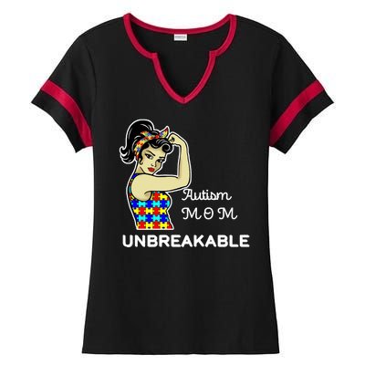 Autism Mom Unbreakable Puzzle Pieces Ladies Halftime Notch Neck Tee