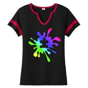 Autism Rainbow Puzzle Splatter  Ladies Halftime Notch Neck Tee