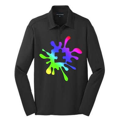 Autism Rainbow Puzzle Splatter  Silk Touch Performance Long Sleeve Polo