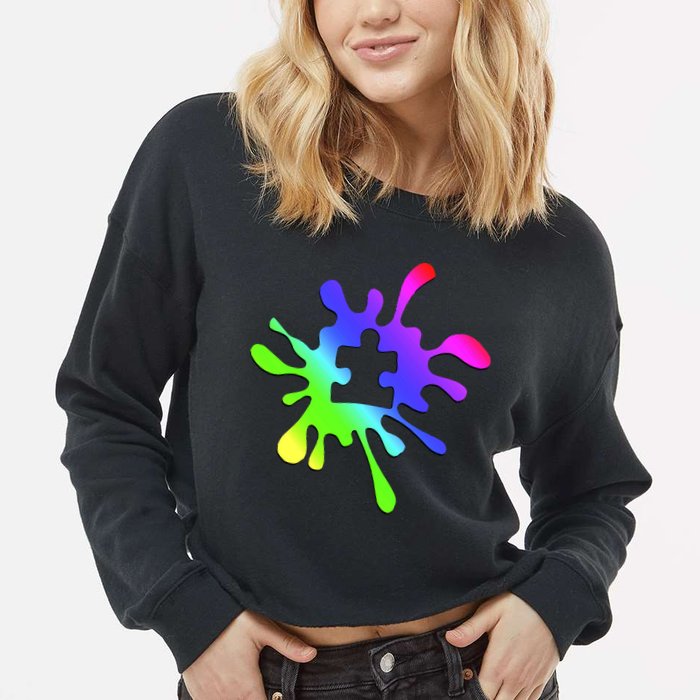 Autism Rainbow Puzzle Splatter  Cropped Pullover Crew