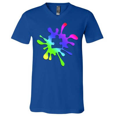 Autism Rainbow Puzzle Splatter  V-Neck T-Shirt