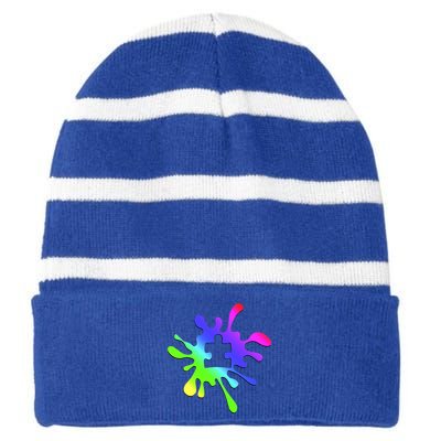 Autism Rainbow Puzzle Splatter  Striped Beanie with Solid Band