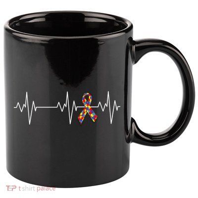 Autism Ribbon Heartbeat Pulse 11oz C Handle Ceramic Mug