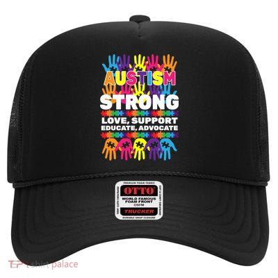 Autism Strong Handprints Love Support High Crown Mesh Back Trucker Hat