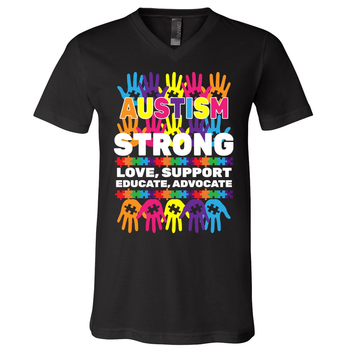 Autism Strong Handprints Love Support V-Neck T-Shirt