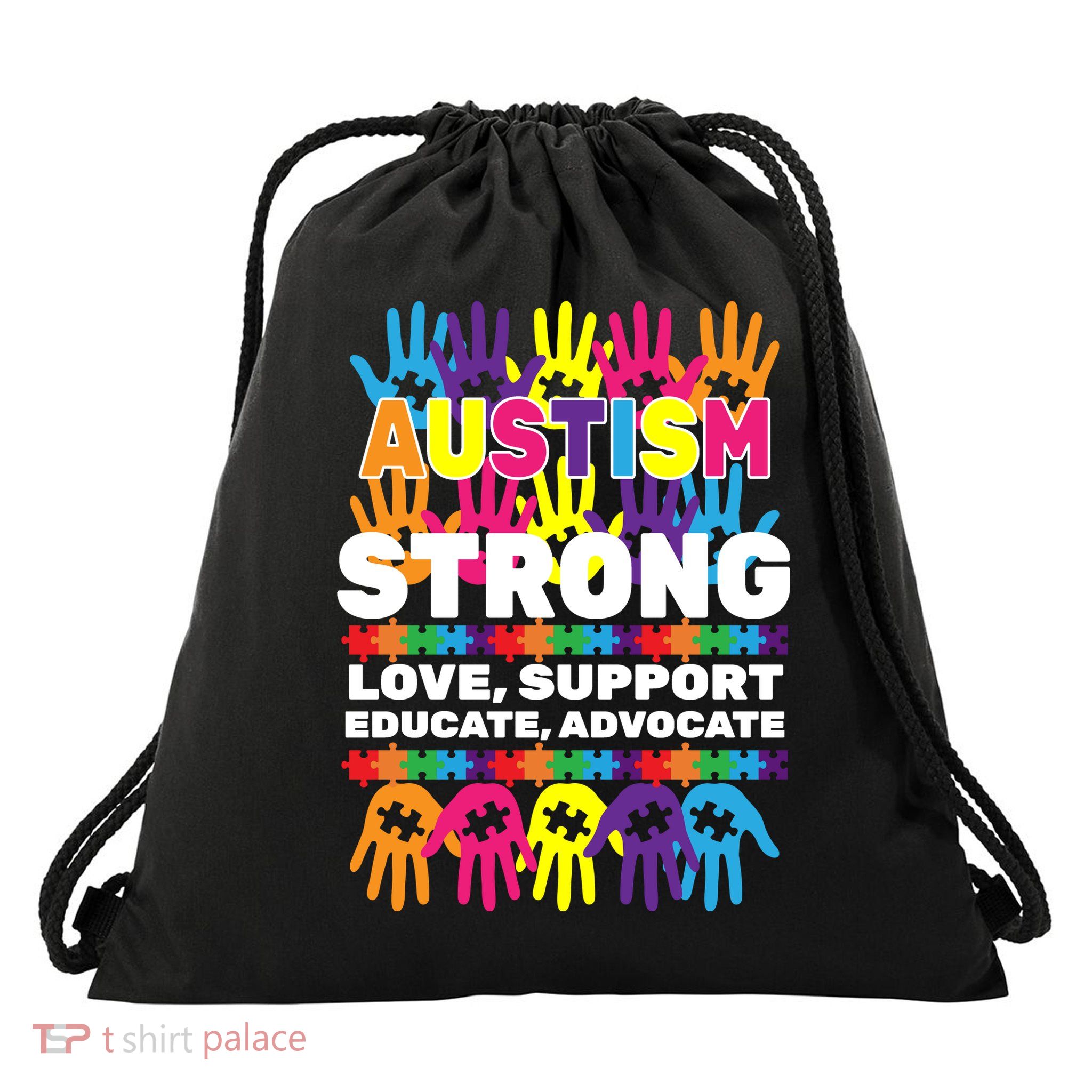 Autism Strong Handprints Love Support Drawstring Bag