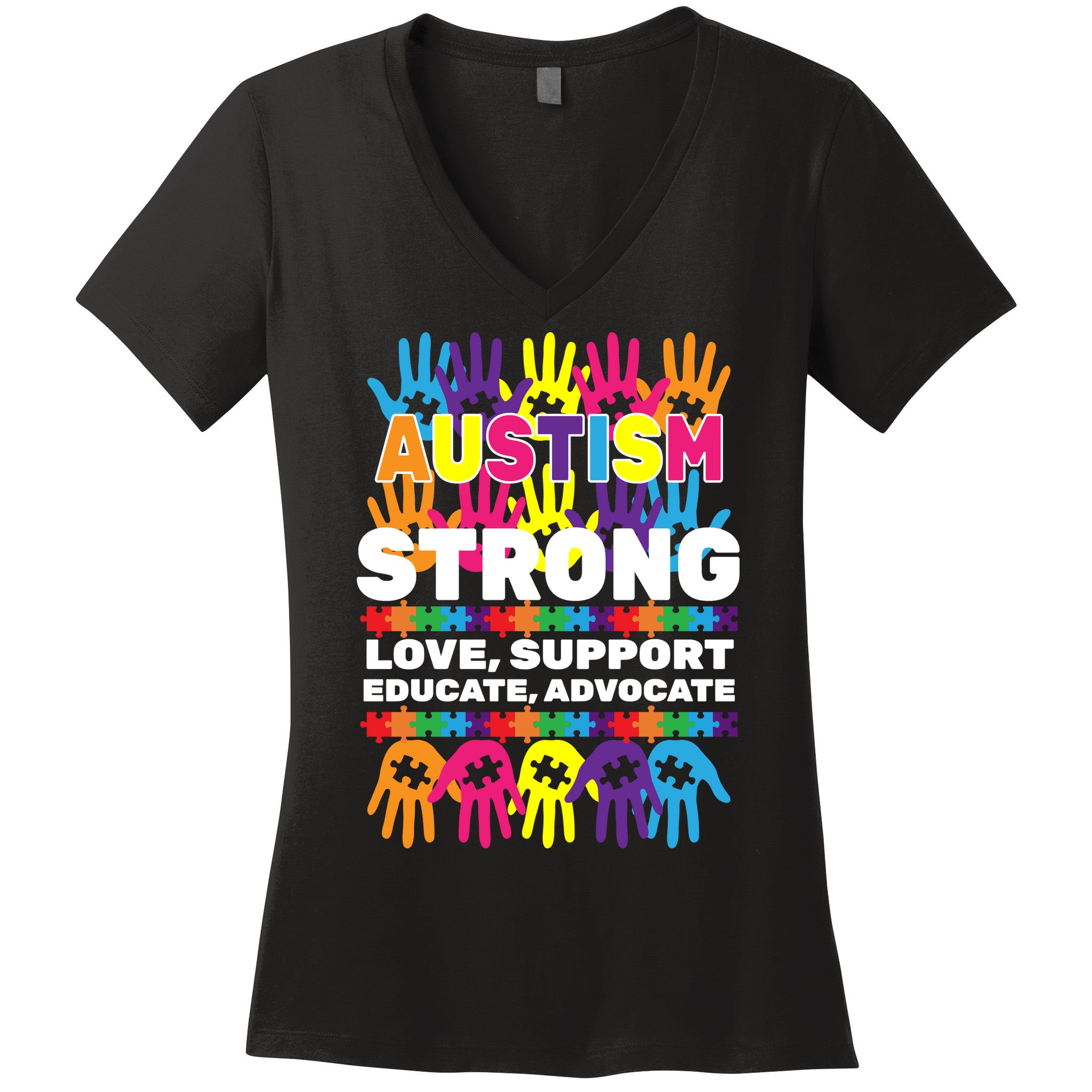 Autism Strong Handprints Love Support Women's V-Neck T-Shirt