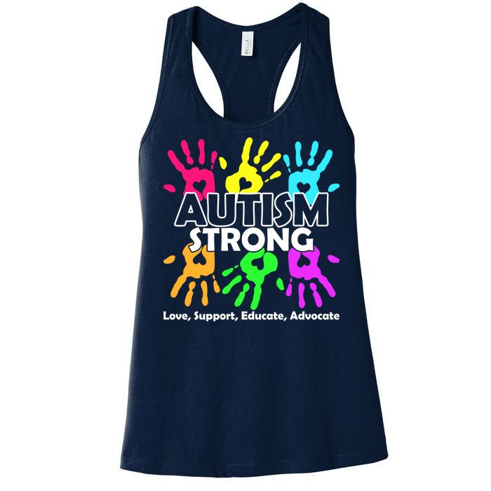 Autism Strong Love Support Educate Advocate Women's Racerback Tank