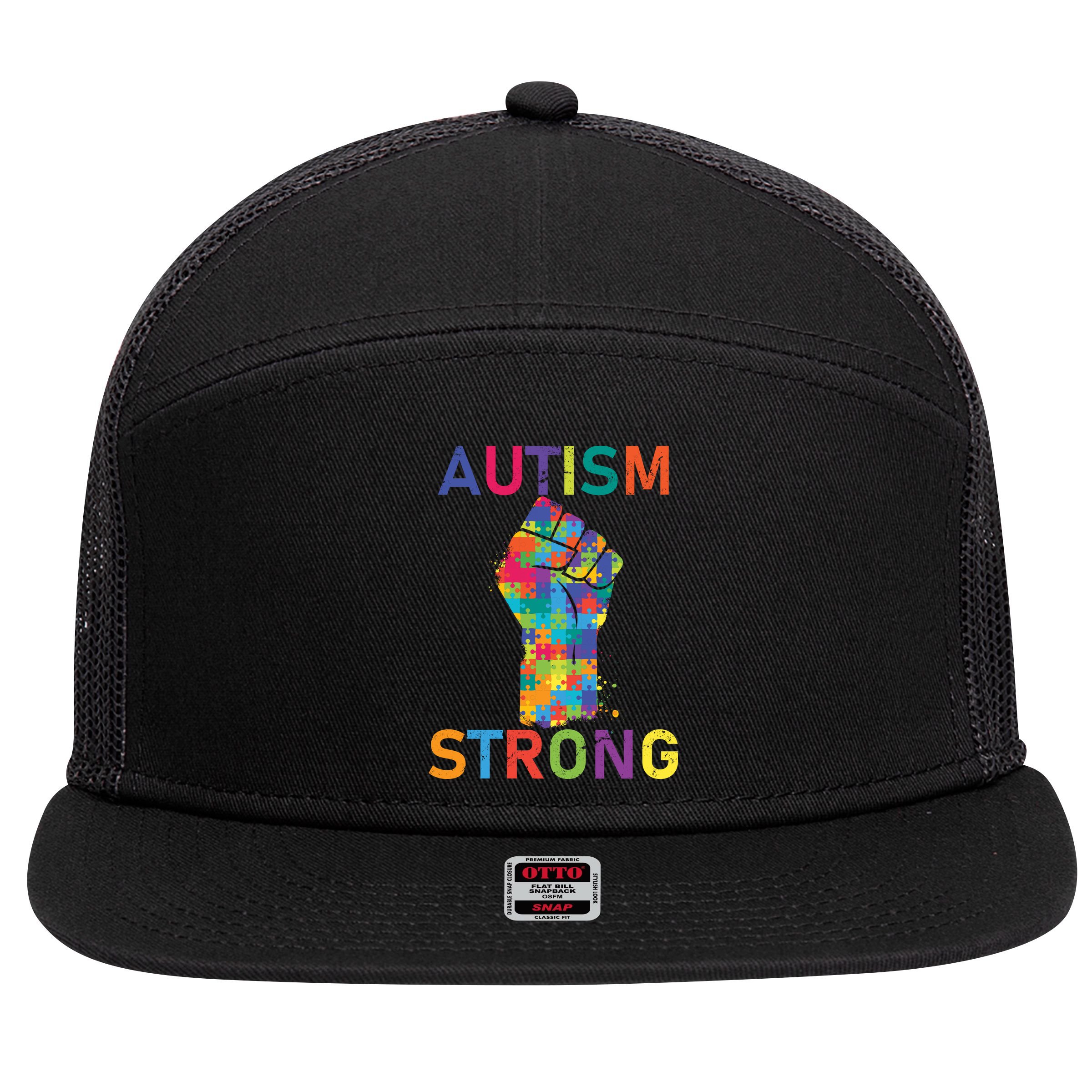 Autism Strong Retro Fist Autism Awareness 7 Panel Mesh Trucker Snapback Hat