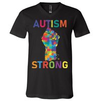 Autism Strong Retro Fist Autism Awareness V-Neck T-Shirt