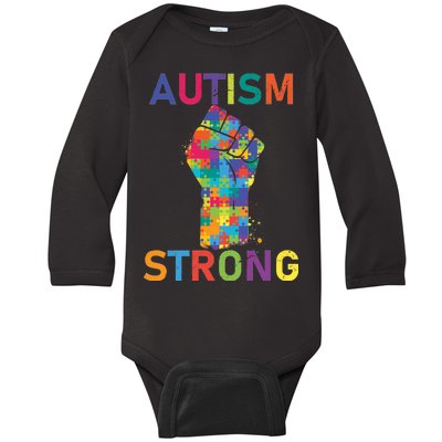 Autism Strong Retro Fist Autism Awareness Baby Long Sleeve Bodysuit