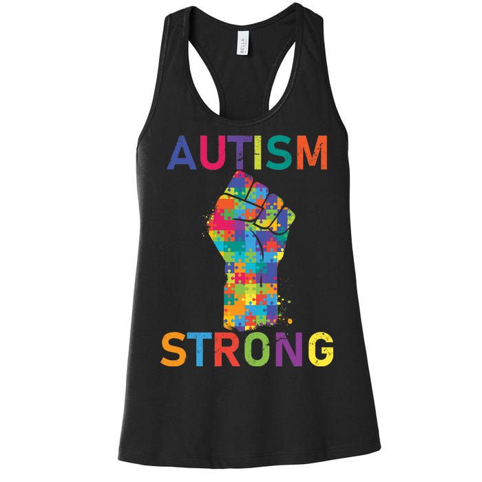 Autism Strong Retro Fist Autism Awareness Women's Racerback Tank