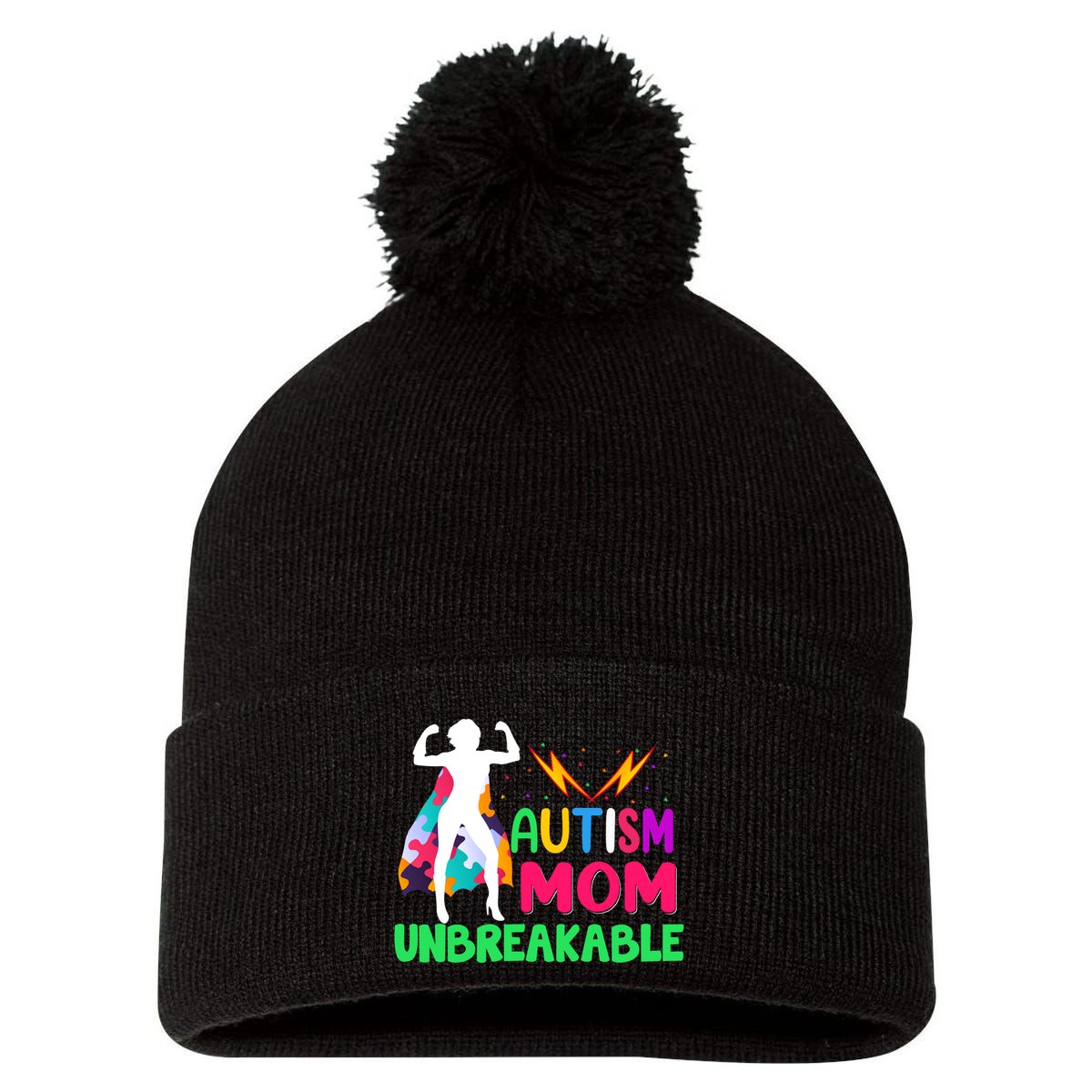 Autism Super Mom Unbreakable Pom Pom 12in Knit Beanie