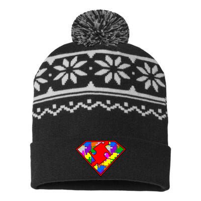 Autism Superhero Puzzle Crest USA-Made Snowflake Beanie