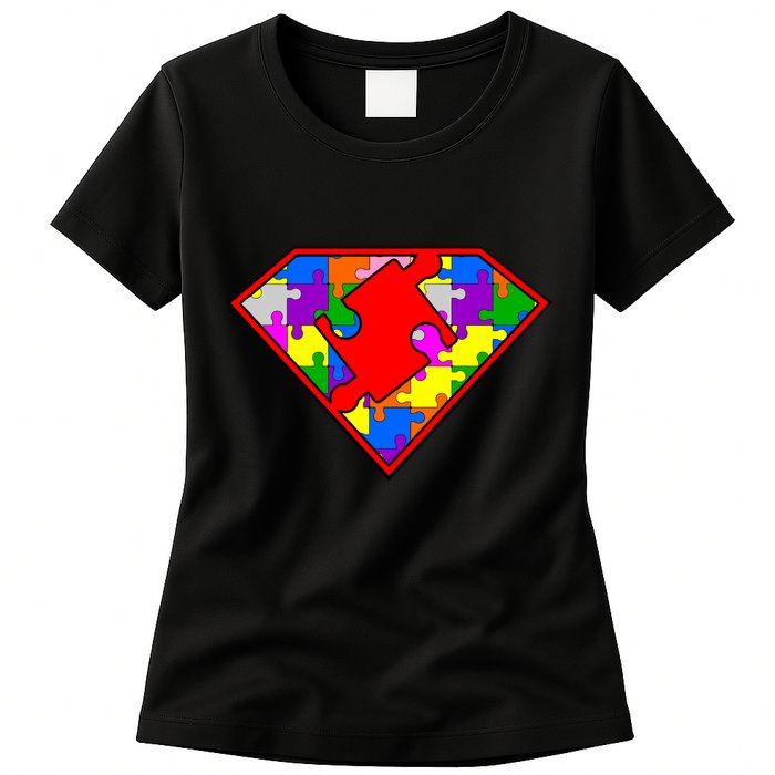 Autism Superhero Puzzle Crest Womens T-Shirt