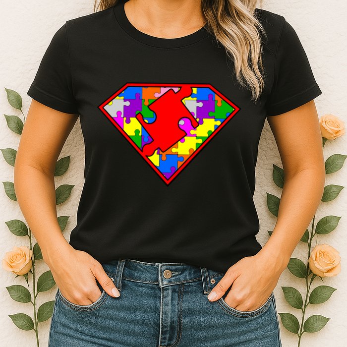 Autism Superhero Puzzle Crest Womens T-Shirt