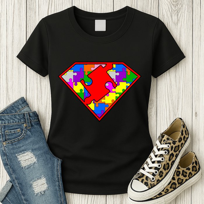 Autism Superhero Puzzle Crest Womens T-Shirt