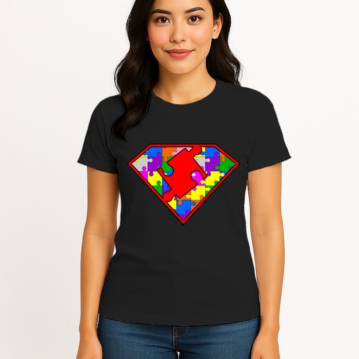Autism Superhero Puzzle Crest Womens T-Shirt