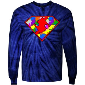 Autism Superhero Puzzle Crest Tie-Dye Long Sleeve Shirt