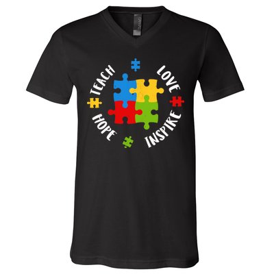 Autism Teacher Teach Love Hope Inspire  V-Neck T-Shirt