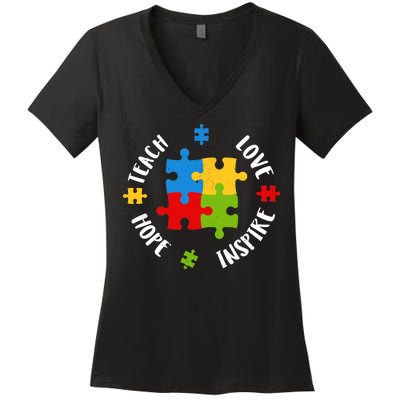 Autism Teacher Teach Love Hope Inspire  Women's V-Neck T-Shirt