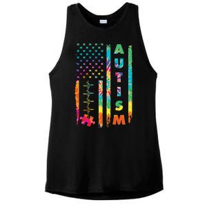 Autism Tie Dye US Flag Colorful Ladies PosiCharge Tri-Blend Wicking Tank