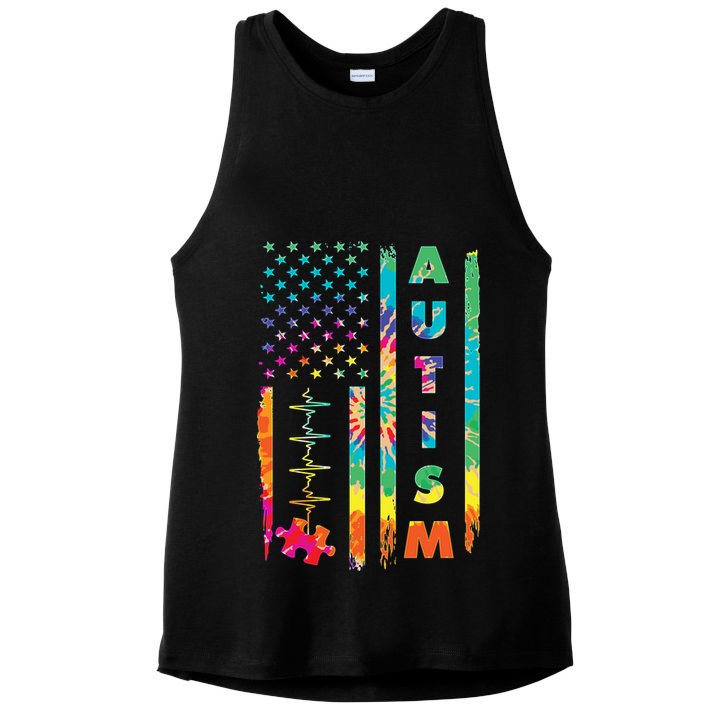 Autism Tie Dye US Flag Colorful Ladies PosiCharge Tri-Blend Wicking Tank