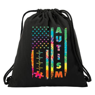 Autism Tie Dye US Flag Colorful Drawstring Bag