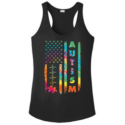 Autism Tie Dye US Flag Colorful Ladies PosiCharge Competitor Racerback Tank