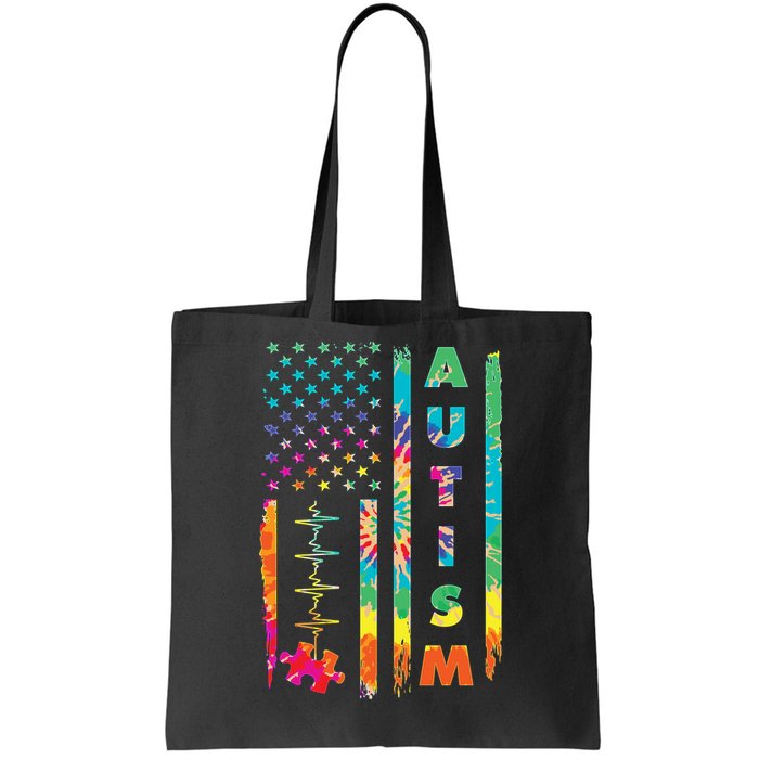 Autism Tie Dye US Flag Colorful Tote Bag