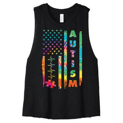 Autism Tie Dye US Flag Colorful Women's Racerback Cropped Tank