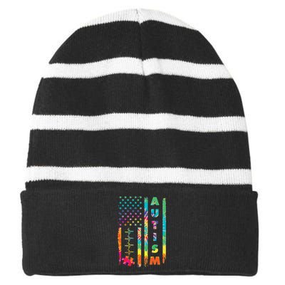 Autism Tie Dye US Flag Colorful Striped Beanie with Solid Band