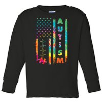 Autism Tie Dye US Flag Colorful Toddler Long Sleeve Shirt