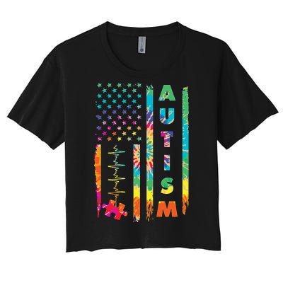 Autism Tie Dye US Flag Colorful Women's Crop Top Tee