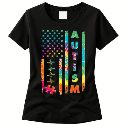 Autism Tie Dye US Flag Colorful Womens T-Shirt