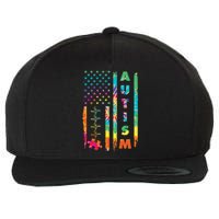 Autism Tie Dye US Flag Colorful Wool Snapback Cap